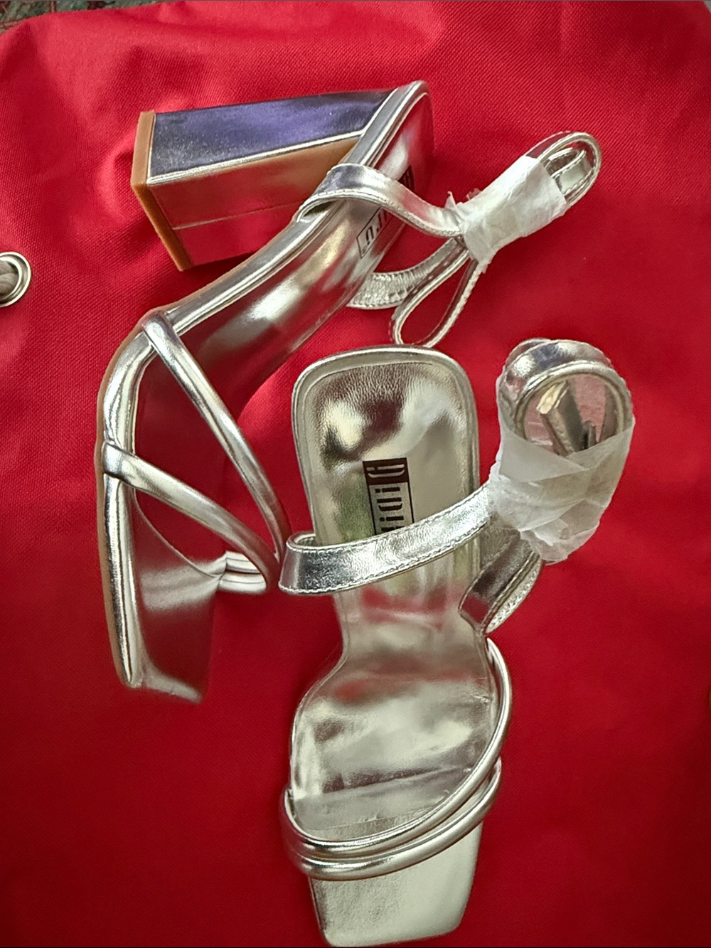 Metallic Silver Strappy Block Heel Sandals - Women